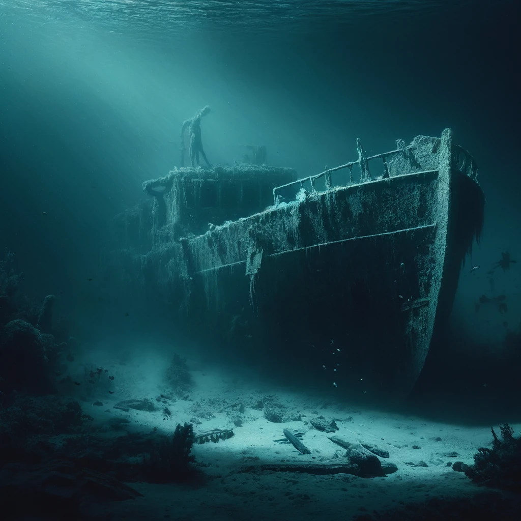 DALL·E-2024-11-01-00.27.05-An-eerie-underwater-scene-showing-a-sunken-shipwreck-and-ghostly-remains-at-the-bottom-of-the-Bermuda-Triangle.-The-water-is-dark-and-murky-with-shad Triângulo das Bermudas: Área Mais Enigmática do Planeta!