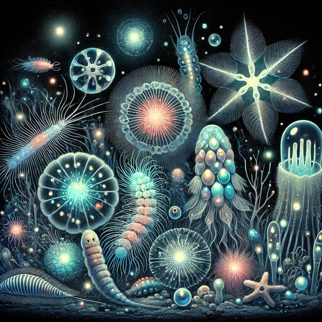 DALL·E-2024-11-01-00.34.13-A-close-up-illustration-of-unique-bioluminescent-deep-sea-creatures-glowing-in-the-darkness-of-the-ocean.-The-scene-includes-diverse-unusual-species Quanto Conhecemos Dos Oceanos? Sabemos Apenas 10%?
