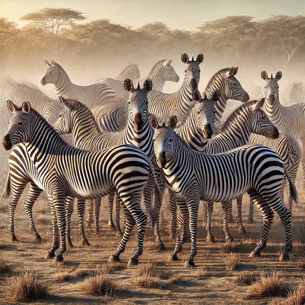 DALL·E-2024-11-01-17.04.07-A-realistic-scene-showing-a-group-of-zebras-standing-together-their-stripes-creating-a-confusing-visual-effect-to-represent-how-the-pattern-might-hel Por Que as Zebras Têm Listras? Segredo Fashion das Savanas!
