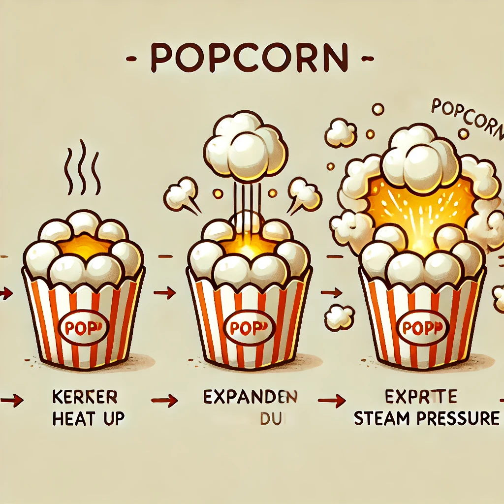 DALL·E-2024-11-01-17.17.31-A-sequence-illustration-showing-a-popcorn-kernel-popping-in-stages.-Starts-with-a-kernel-heating-up-then-expanding-as-steam-pressure-builds-up-and-f Por Que as Pipocas Estouram? Você Não Vai Acreditar!