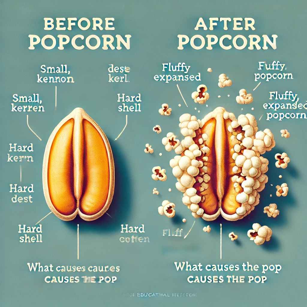 DALL·E-2024-11-01-17.17.33-An-educational-infographic-comparing-a-popcorn-kernel-before-and-after-popping.-The-image-shows-the-small-dense-kernel-with-a-hard-shell-on-one-side Por Que as Pipocas Estouram? Você Não Vai Acreditar!