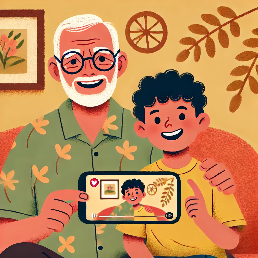 DALL·E-2024-11-03-20.43.13-A-warm-and-touching-illustration-of-an-elderly-man-representing-Vovo-Anesio-sitting-happily-with-his-grandson-creating-videos-together-in-a-cozy-li Adeus Vovô Anésio: Ícone do TikTok Que Conquistou Corações