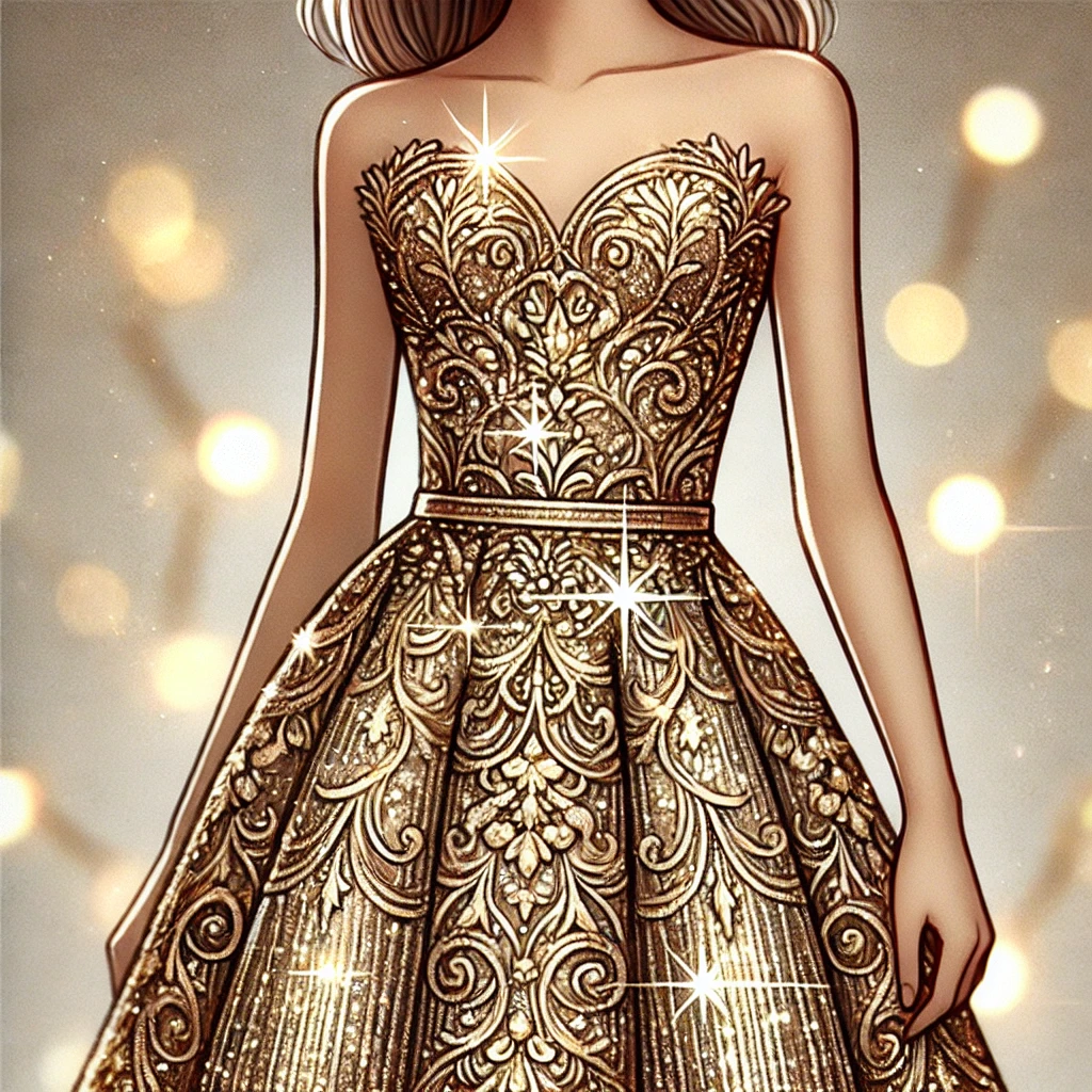 DALL·E-2024-11-03-20.54.50-A-close-up-illustration-of-a-glamorous-golden-dress-on-a-young-girl-highlighting-intricate-sparkling-details-and-elegance.-The-dress-is-elegant-and-l Filha de Roberto Justus: Festa de 15 Anos e Look de R$ 5 Mil