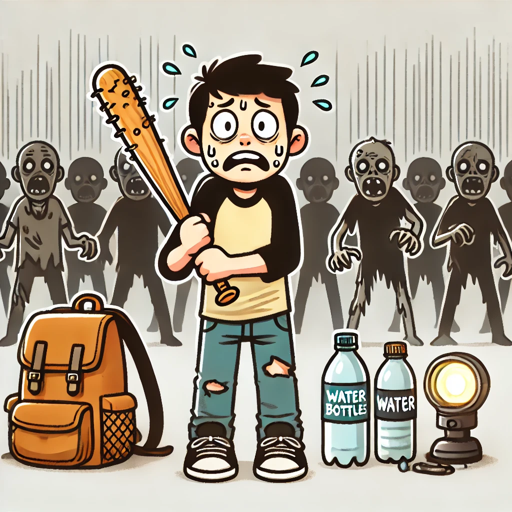 DALL·E-2024-11-03-21.06.53-A-humorous-illustration-showing-a-person-preparing-for-a-zombie-apocalypse-holding-a-bat-and-looking-nervous-with-zombie-figures-in-the-background.- Como Sobreviver a um Apocalipse? (Seja Ele Qual For!)