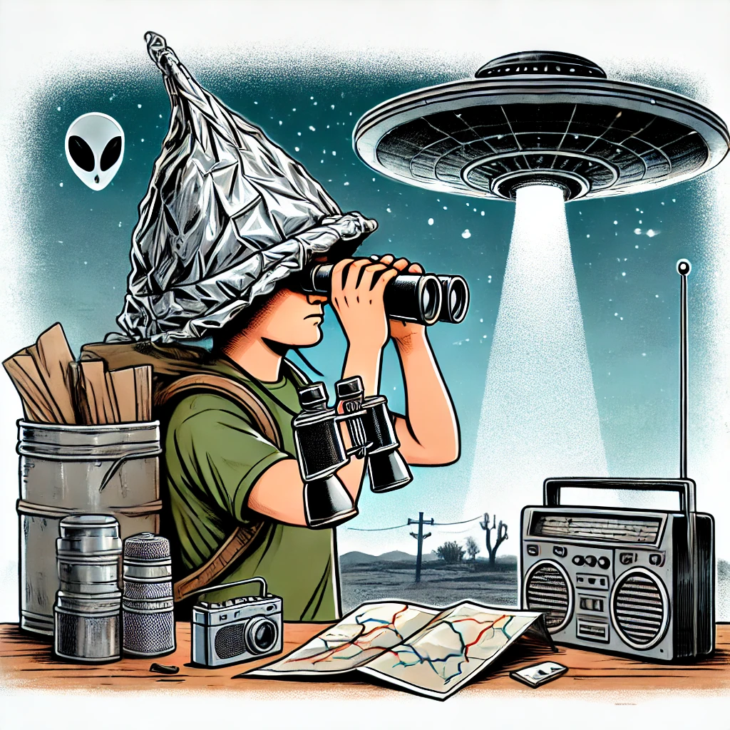 DALL·E-2024-11-03-21.06.55-An-illustration-of-a-person-preparing-for-an-alien-invasion-holding-binoculars-and-a-map-looking-towards-the-sky-with-a-spaceship-hovering-above-in- Como Sobreviver a um Apocalipse? (Seja Ele Qual For!)