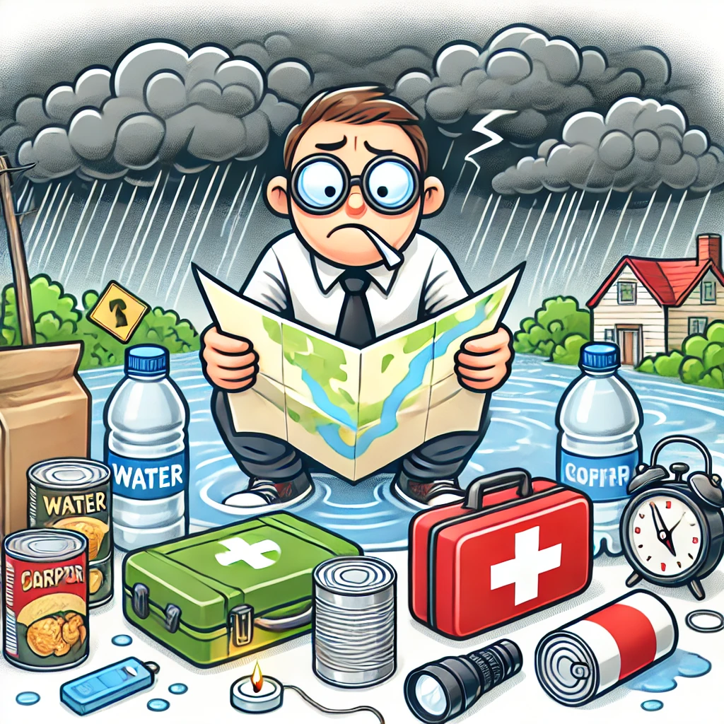 DALL·E-2024-11-03-21.06.58-A-humorous-illustration-of-a-person-preparing-for-natural-disasters-surrounded-by-survival-supplies-such-as-water-canned-food-a-flashlight-and-a-f Como Sobreviver a um Apocalipse? (Seja Ele Qual For!)