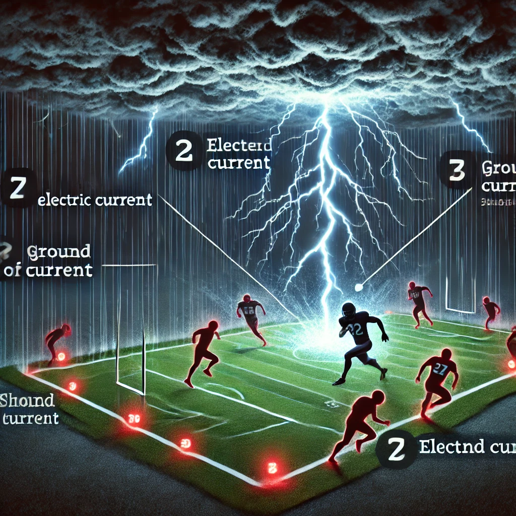 DALL·E-2024-11-04-16.20.58-A-detailed-infographic-explaining-how-lightning-affects-a-football-field-with-labeled-points-showing-where-players-were-hit-by-the-ground-current.-Th Raio Atinge Campo de Futebol e Derruba 8 Jogadores, Assista!