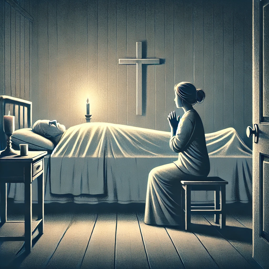 DALL·E-2024-11-04-16.41.30-A-respectful-and-somber-illustration-of-a-dimly-lit-room-where-a-woman-sits-beside-a-bed-praying-near-a-covered-form-that-implies-a-loved-one-is-rest Mulher Chama o SAMU e Resgate Descobre Corpo da Mãe na Casa!