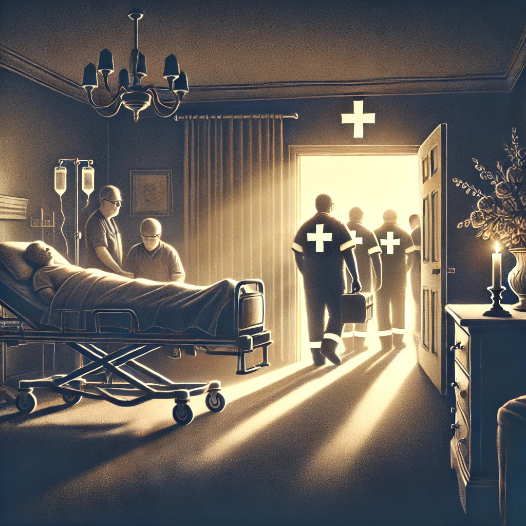DALL·E-2024-11-04-16.42.39-A-solemn-illustration-of-a-room-with-a-soft-glow-showing-an-emergency-medical-team-respectfully-entering-creating-a-scene-filled-with-tension-and-qu Mulher Chama o SAMU e Resgate Descobre Corpo da Mãe na Casa!