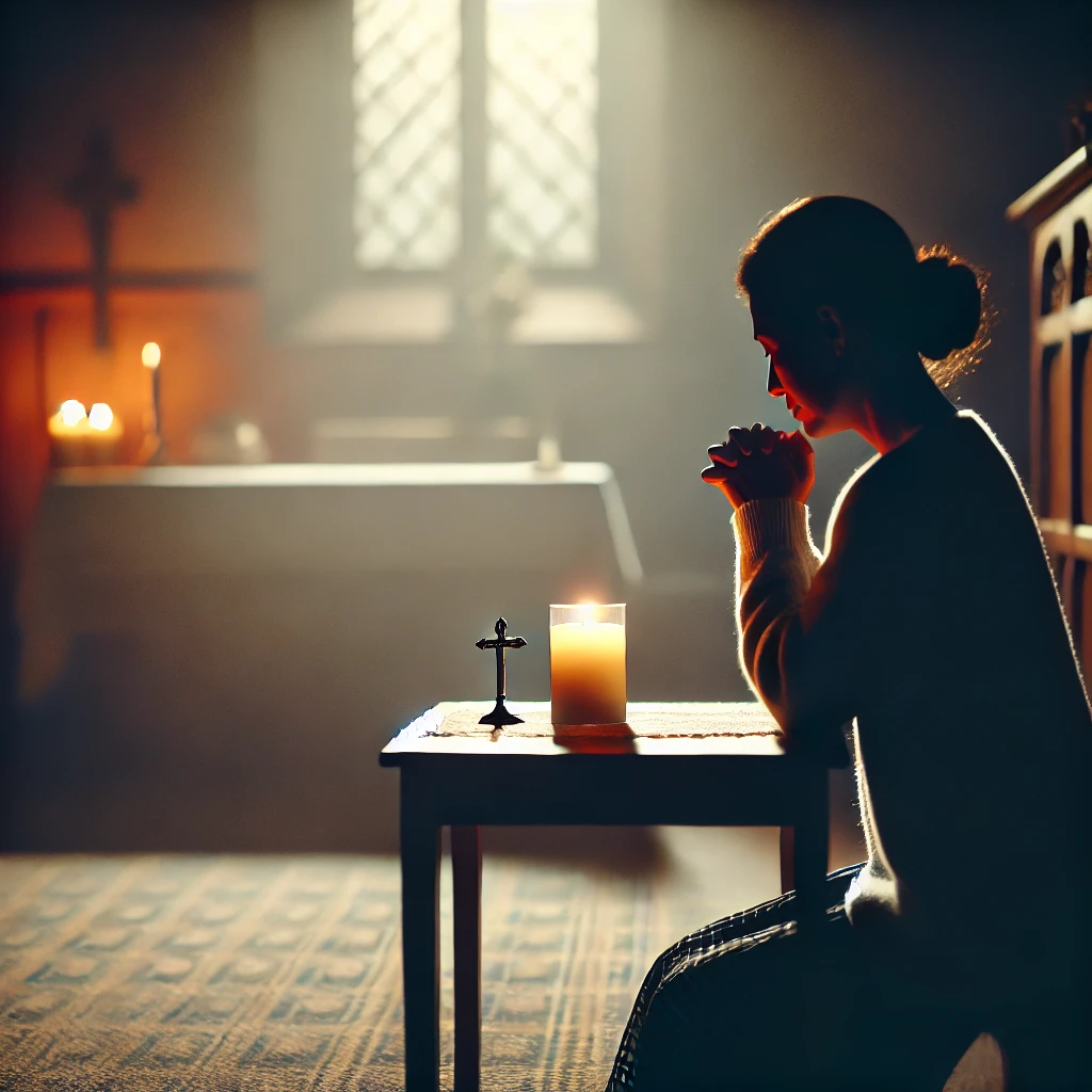 DALL·E-2024-11-04-16.42.41-A-respectful-quiet-scene-of-a-woman-sitting-alone-in-a-dimly-lit-room-with-a-soft-glow-from-a-nearby-candle-on-a-table-praying-and-hoping.-The-room Mulher Chama o SAMU e Resgate Descobre Corpo da Mãe na Casa!