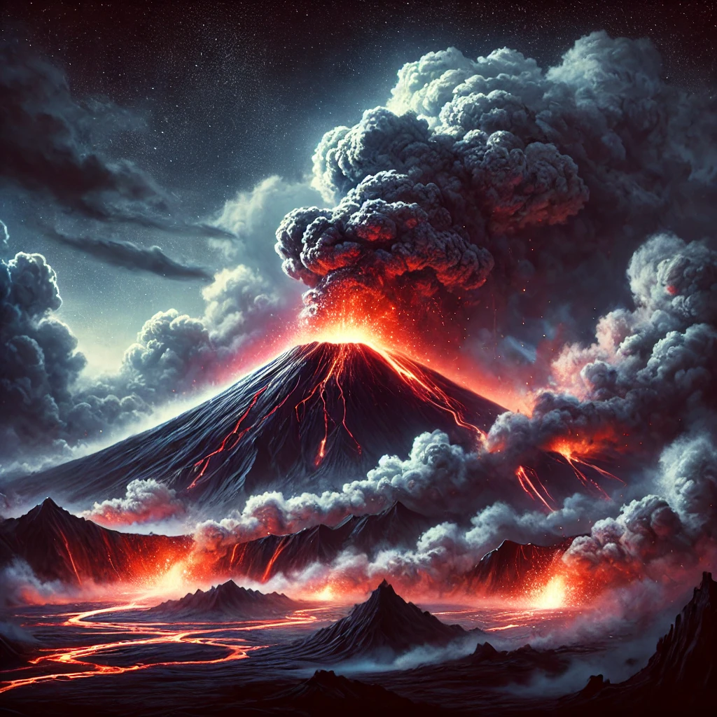 DALL·E-2024-11-04-16.59.14-A-dramatic-illustration-showing-the-eruption-of-Krakatoa-volcano-in-Indonesia.-Large-clouds-of-ash-and-lava-flow-from-the-crater-with-dark-skies-and- O Gigante Acordou! A Erupção do Vulcão Krakatoa na Indonésia