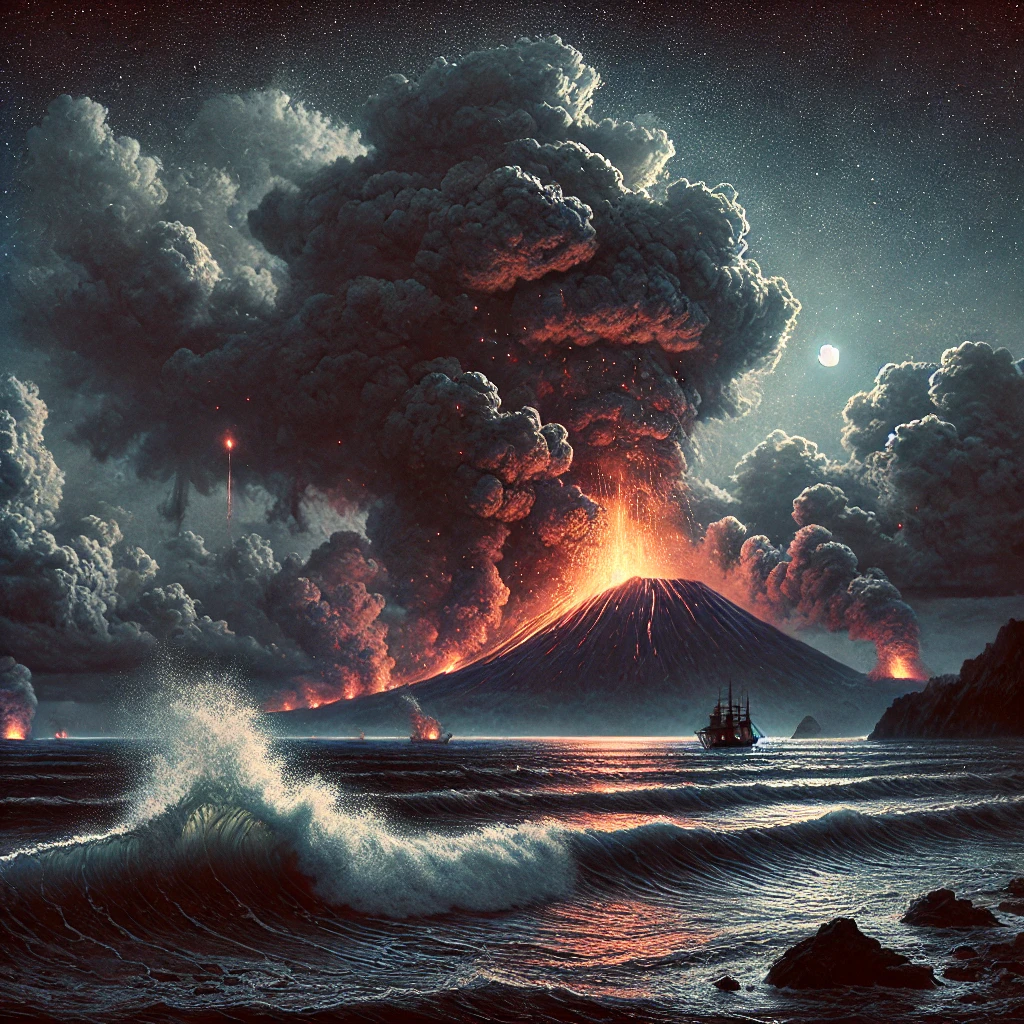 DALL·E-2024-11-04-17.02.54-A-scene-capturing-the-eruption-of-Krakatoa-from-a-distance-with-a-view-of-the-volcano-sending-up-ash-plumes-and-lava.-The-ocean-is-visible-in-the-for O Gigante Acordou! A Erupção do Vulcão Krakatoa na Indonésia