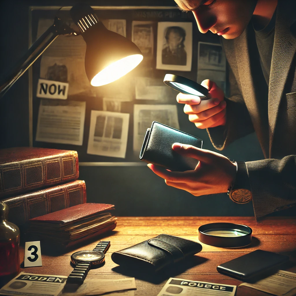 DALL·E-2024-11-04-23.49.17-A-dramatic-scene-showing-a-detective-examining-personal-items-such-as-a-wallet-and-phone-under-a-dim-light-representing-new-evidence-in-a-missing-p Novas Revelações no Caso de Igor Paretto: Planejado?