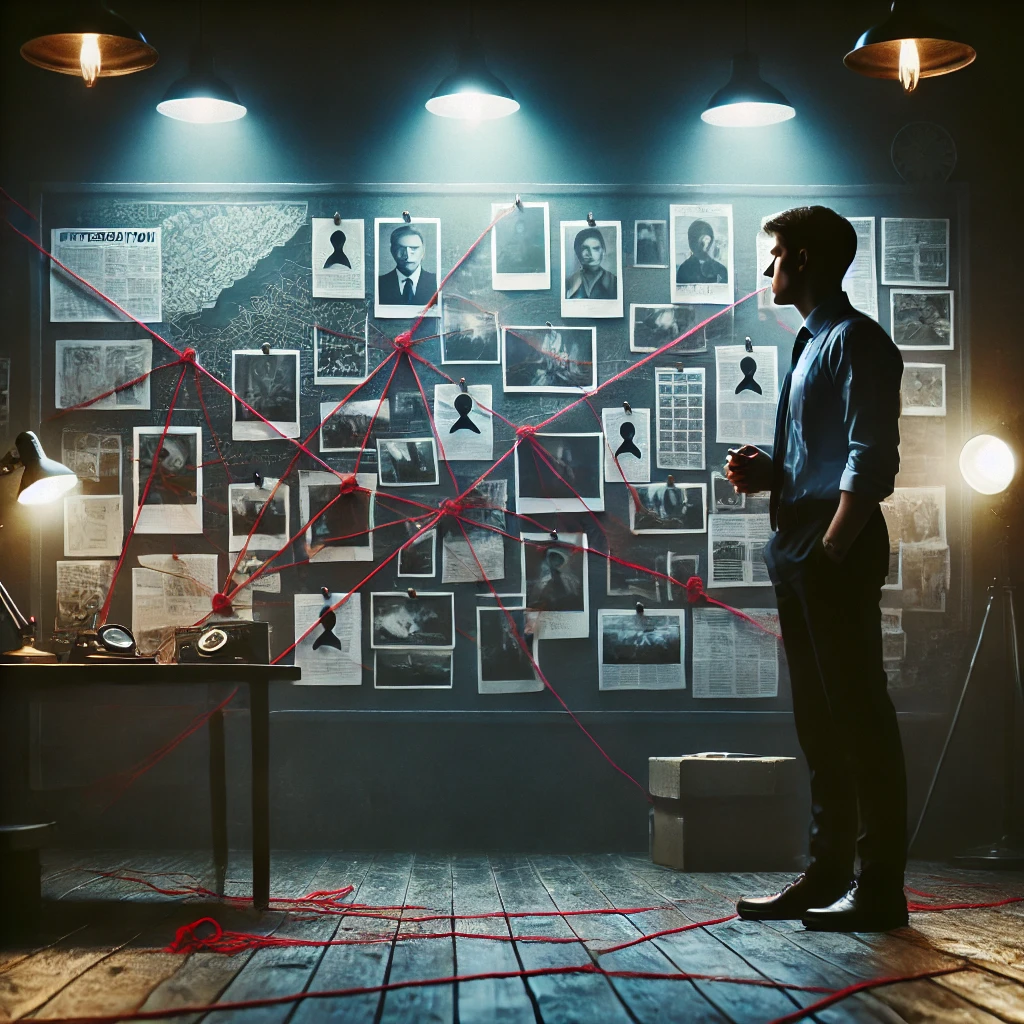 DALL·E-2024-11-04-23.49.22-A-dark-atmospheric-scene-of-a-detective-standing-in-front-of-a-large-investigation-board-with-photos-maps-and-red-string-connecting-various-clues- Novas Revelações no Caso de Igor Paretto: Planejado?