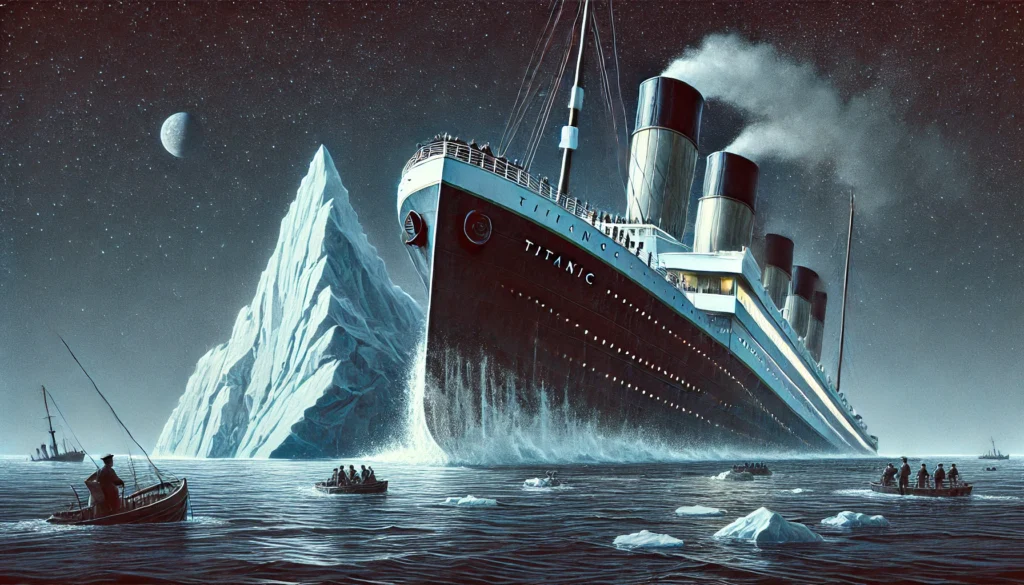 DALL·E-2024-11-04-23.56.18-A-dramatic-illustration-of-the-Titanic-moments-after-striking-an-iceberg-at-sea.-The-Titanics-bow-is-slightly-tilted-as-water-begins-to-flood-the-low-1024x585 Por que o Titanic afundou? Maior Naufrágio da História!