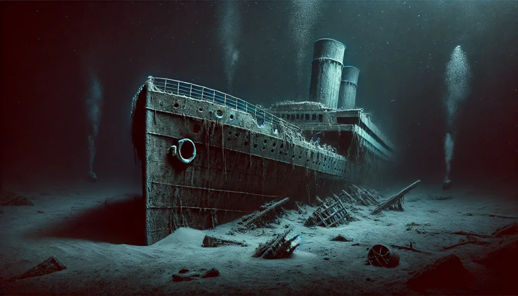 DALL·E-2024-11-04-23.56.20-A-deep-ocean-scene-showing-the-wreckage-of-the-Titanic-on-the-ocean-floor-surrounded-by-eerie-darkness.-The-shipwreck-is-partially-intact-with-signs--1024x585 Por que o Titanic afundou? Maior Naufrágio da História!