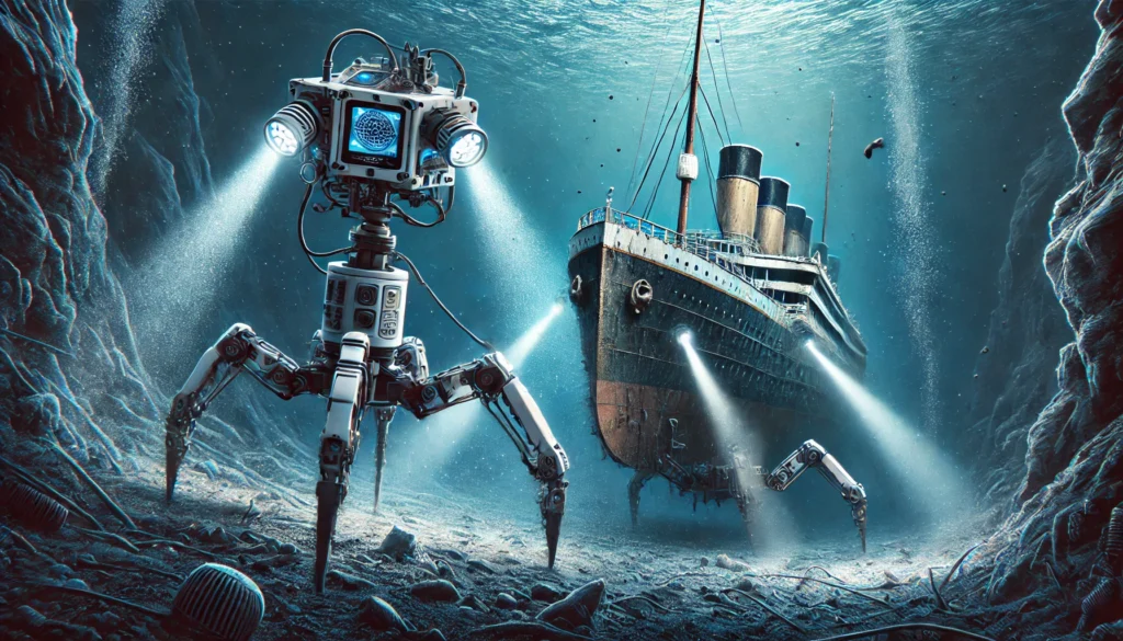 DALL·E-2024-11-04-23.56.22-An-illustration-of-a-modern-underwater-exploration-vehicle-descending-near-the-Titanic-wreck.-The-vehicle-is-equipped-with-bright-lights-illuminating--1024x585 Por que o Titanic afundou? Maior Naufrágio da História!