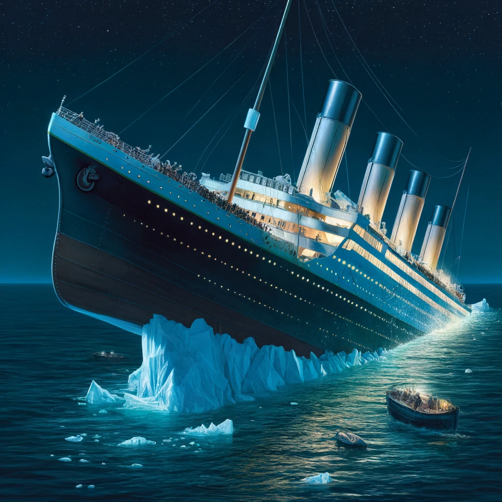 Ilustração do Titanic colidindo com um iceberg e começando a afundar. O navio está levemente inclinado, com a proa danificada pelo impacto. Passageiros no deck parecem em pânico, enquanto alguns botes salva-vidas estão sendo preparados. A noite está escura com um céu estrelado, e a água ao redor está calma, em contraste com o caos a bordo.