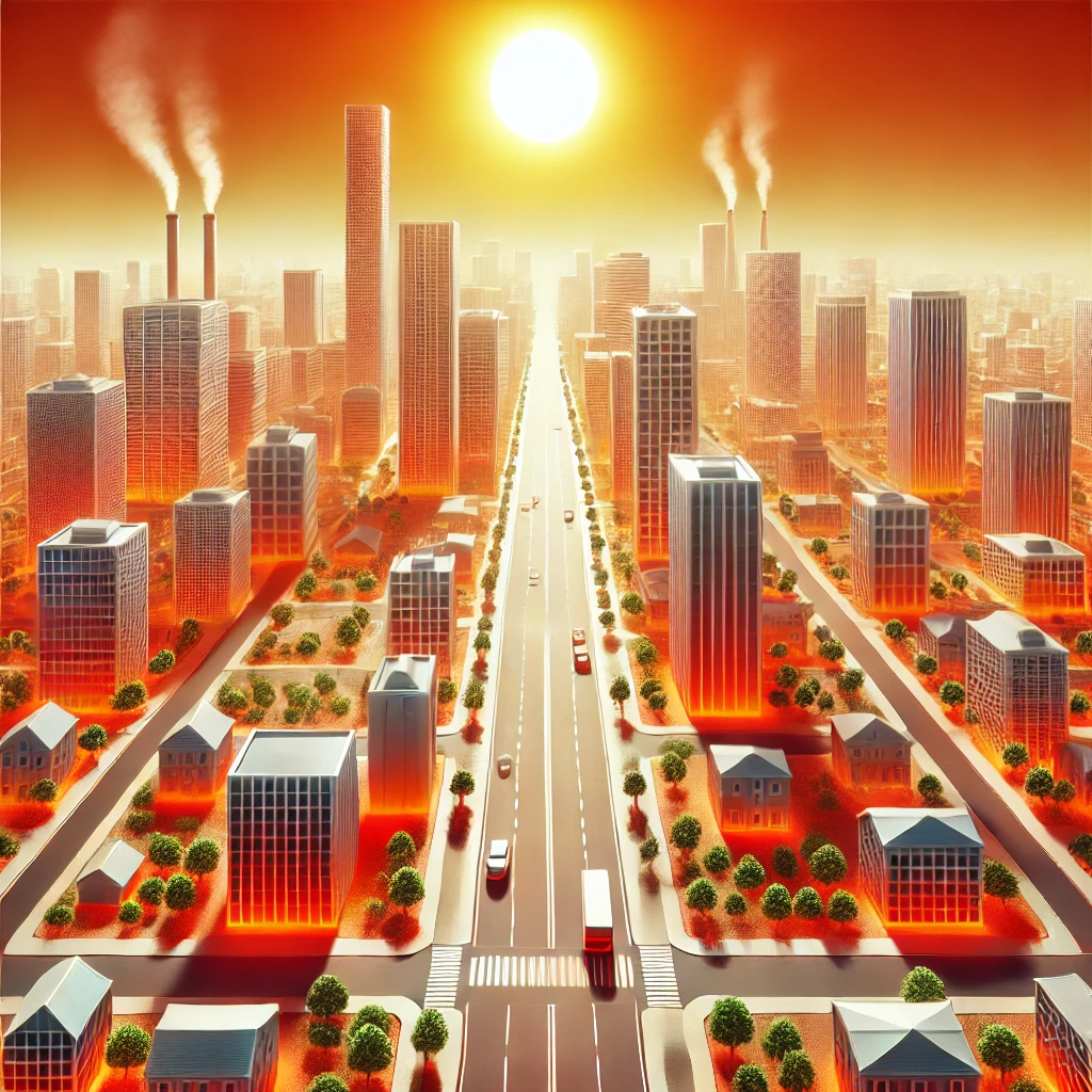 DALL·E-2024-11-05-00.02.33-A-1_1-illustration-of-a-city-experiencing-an-urban-heat-island-effect-with-tall-buildings-reflecting-intense-heat.-Streets-appear-hot-and-few-green- Por Que Está Tão Quente? As Ondas de Calor Pelo Mundo