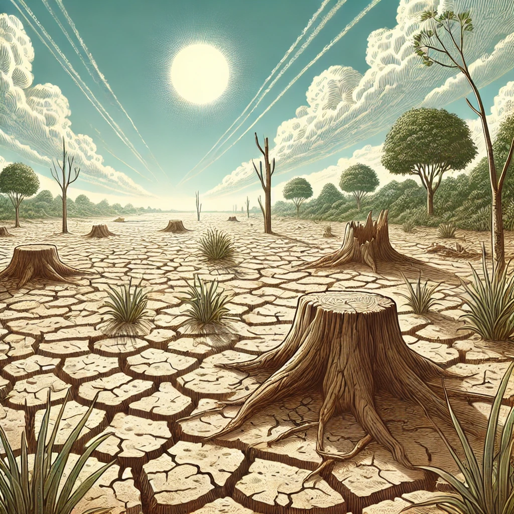 DALL·E-2024-11-05-00.02.36-A-1_1-illustration-of-a-parched-landscape-impacted-by-deforestation-showing-cracked-dry-soil-with-sparse-dying-vegetation.-A-few-tree-stumps-are-sc Por Que Está Tão Quente? As Ondas de Calor Pelo Mundo