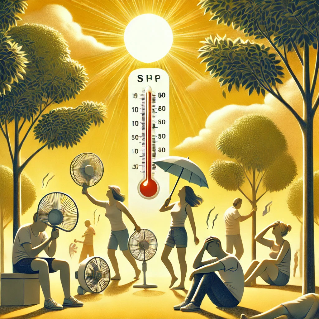 Ilustração do planeta Terra sob intensa luz solar, representando uma onda de calor global. A Terra brilha com um tom vermelho-alaranjado, simbolizando o aumento das temperaturas devido às mudanças climáticas.