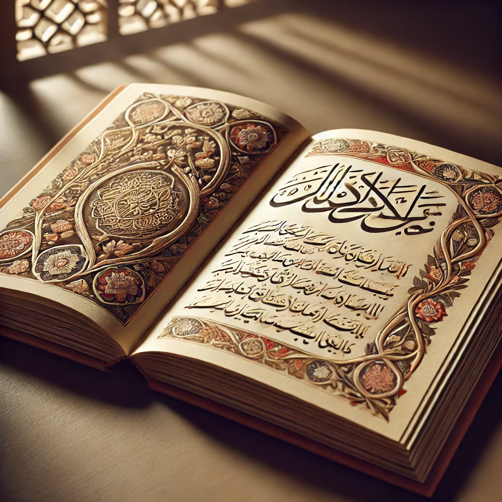 Ilustração de um livro de poesia em urdu aberto sobre uma mesa, com padrões ornamentais e caligrafia detalhada, representando a riqueza poética e literária da língua.