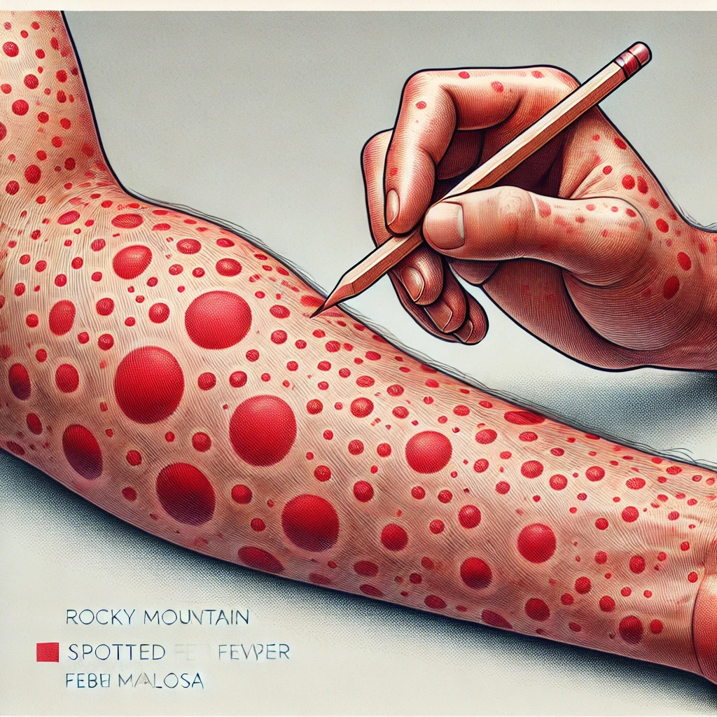 DALL·E-2024-11-05-00.14.49-A-1_1-illustration-showing-symptoms-of-Rocky-Mountain-spotted-fever-or-febre-maculosa-on-human-skin.-Red-rash-spots-are-visible-on-an-arm-symbolizi O que é Febre Maculosa? Veja Como Se Proteger