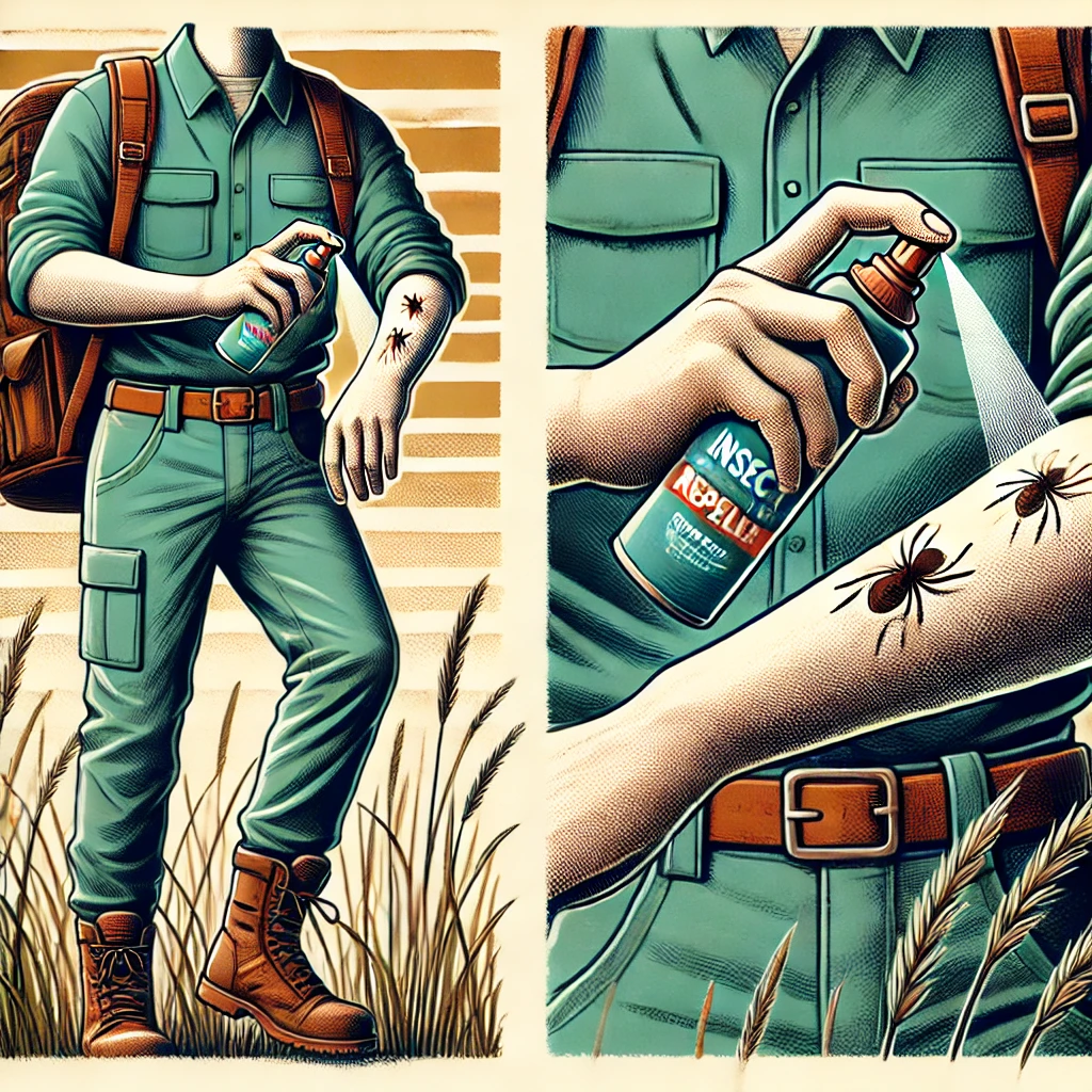 DALL·E-2024-11-05-00.14.54-A-1_1-illustration-of-a-person-in-outdoor-clothing-as-protection-against-ticks-wearing-long-sleeved-shirt-pants-and-boots.-The-person-is-applying-i O que é Febre Maculosa? Veja Como Se Proteger