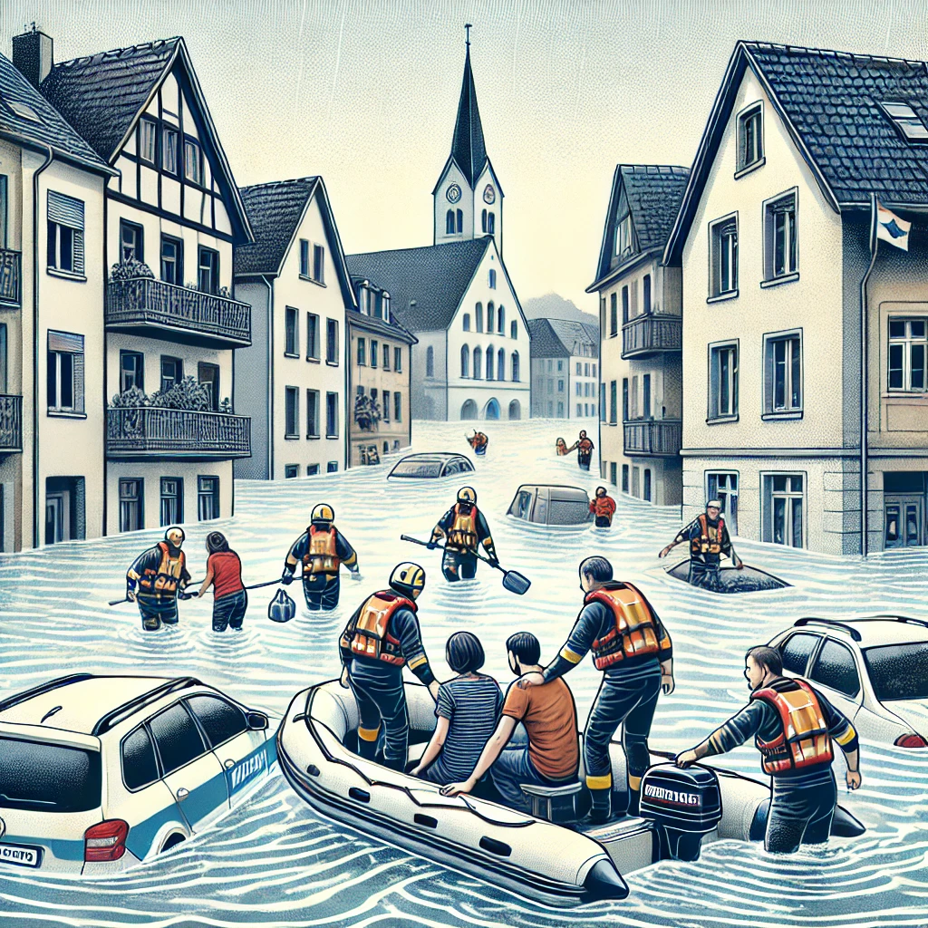 DALL·E-2024-11-05-12.03.51-A-1_1-illustration-of-emergency-workers-rescuing-people-from-a-flooded-European-town.-Rescuers-in-boats-are-helping-people-leave-their-homes-with-wat O Que Está Acontecendo na Europa com as Enchentes? Assista!