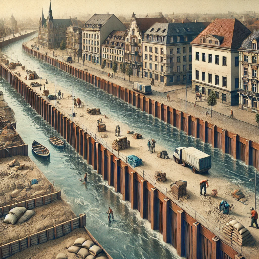 DALL·E-2024-11-05-12.05.18-A-1_1-illustration-of-a-European-city-implementing-flood-barriers-along-a-river-to-prevent-flooding.-The-image-shows-reinforced-walls-and-sandbags-alo O Que Está Acontecendo na Europa com as Enchentes? Assista!