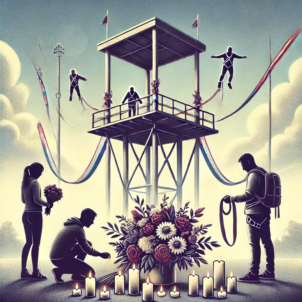 DALL·E-2024-11-05-12.50.40-A-1_1-illustration-showing-people-placing-flowers-and-candles-near-a-bungee-jumping-platform-in-memory-of-a-recent-accident.-The-scene-has-a-somber-at Tragédia em Salto de Bungee Jump em Curitiba: Assista!