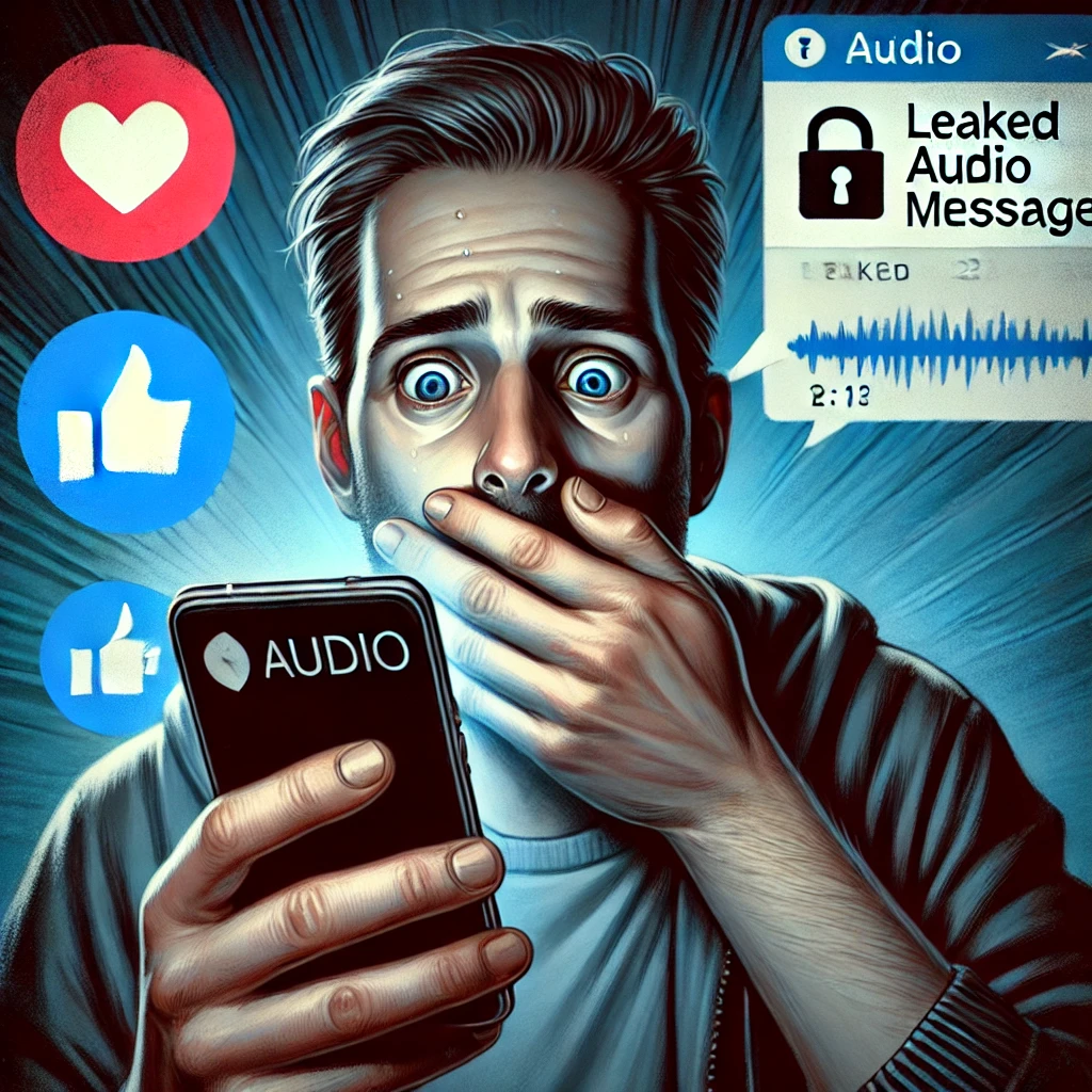 Imagem de um homem olhando para o celular com expressão de surpresa, ao descobrir a existência de áudios vazados. Ícones de redes sociais e reações aparecem ao fundo, simbolizando a viralização e impacto do conteúdo.