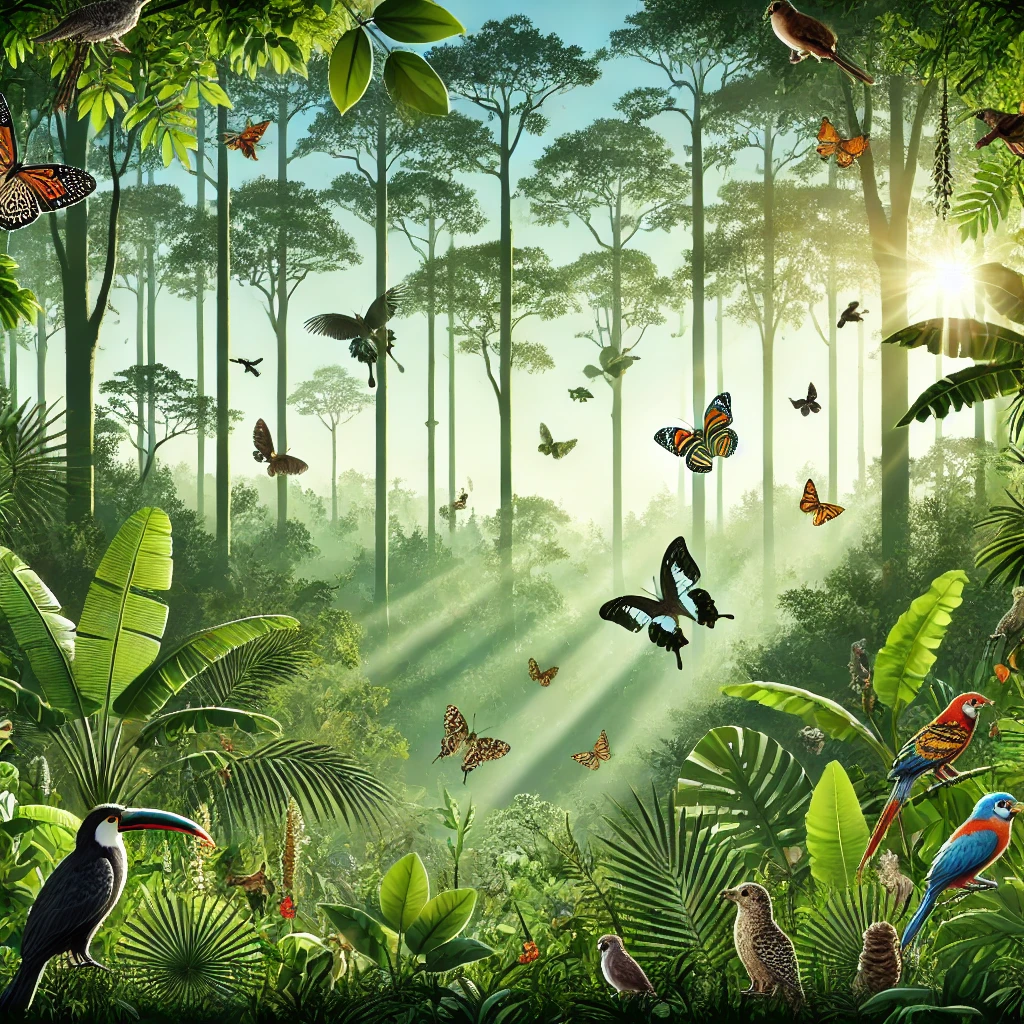 DALL·E-2024-11-06-00.23.56-A-1_1-illustration-of-a-lush-Amazon-rainforest-scene-showcasing-dense-green-foliage-tall-trees-and-diverse-wildlife.-Birds-butterflies-and-small- Qual a Importância da Amazônia? Seria o Pulmão do Mundo?