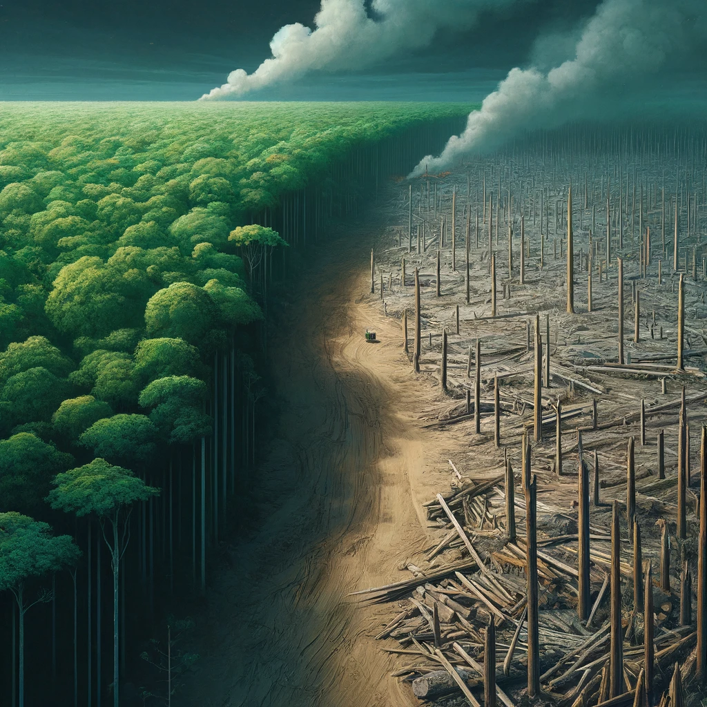 DALL·E-2024-11-06-00.24.00-A-1_1-illustration-of-an-Amazon-rainforest-area-affected-by-deforestation-showing-cut-down-trees-bare-ground-and-smoke-rising-in-the-background.-Th Qual a Importância da Amazônia? Seria o Pulmão do Mundo?