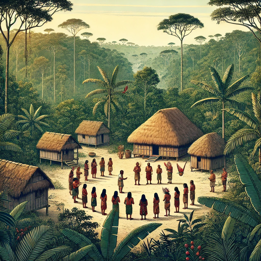 DALL·E-2024-11-06-00.24.02-A-1_1-illustration-depicting-indigenous-people-in-the-Amazon-rainforest-showing-a-small-group-gathering-near-traditional-huts-surrounded-by-dense-jun Qual a Importância da Amazônia? Seria o Pulmão do Mundo?