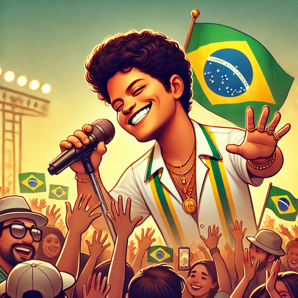 DALL·E-2024-11-07-16.24.11-A-1_1-illustration-of-Bruno-Mars-interacting-with-Brazilian-fans-holding-a-microphone-and-waving-with-a-smile.-The-background-shows-fans-holding-Braz Bruno Mars Novo Clipe Cantando em Português, Assista!
