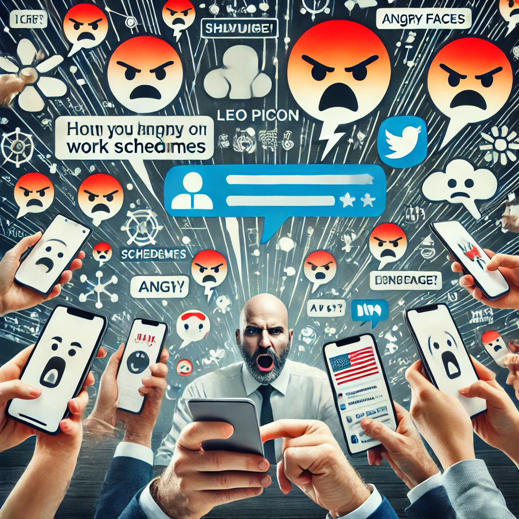 DALL·E-2024-11-11-23.31.41-An-image-of-people-reacting-strongly-on-social-media-with-phones-and-tablets-showing-various-comments-and-icons-like-angry-faces-relating-to-the-top Leo Picon Critica Fim da Escala 6×1 e Acaba Cancelado!