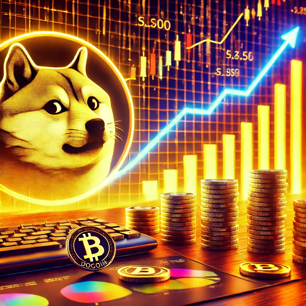 DALL·E-2024-11-18-14.03.14-A-1_1-illustration-showing-a-visual-of-Dogecoins-logo-with-stacks-of-coins-and-a-graph-rising-dramatically-in-the-background.-The-scene-is-vibrant-r Brasileiro Fica Rico com Dogecoin Após Alta das Criptomoedas